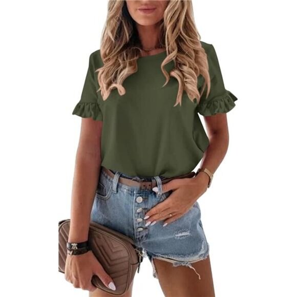 Womens Plain Round Neck Cute Ruffle Short Sleeve Top
